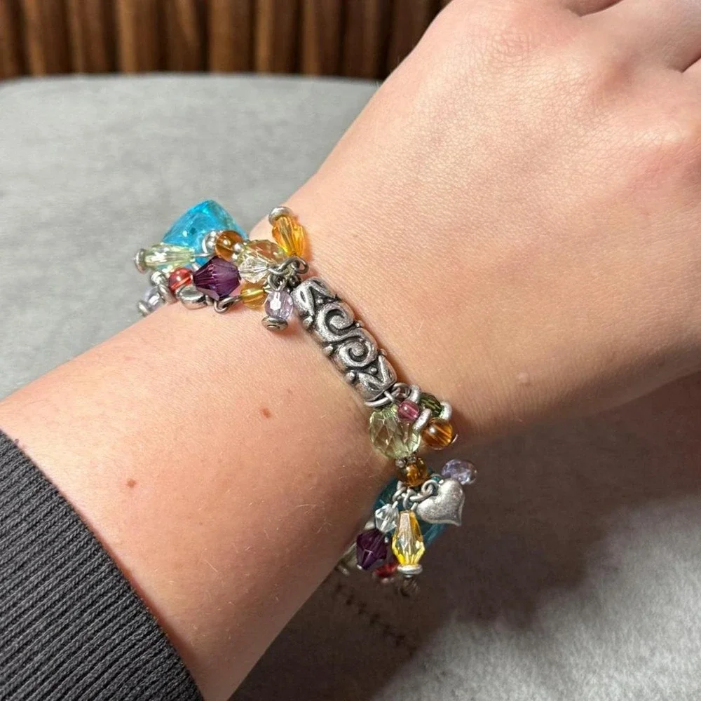 Y2K Multicolor Charm Bracelet Silver Tone Crystal Beaded Colorful Chunky 7